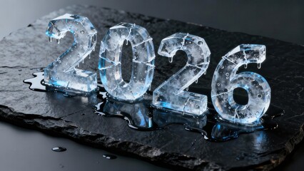 Translucent ice numbers displaying the year twenty twenty six rest upon a dark stone surface.