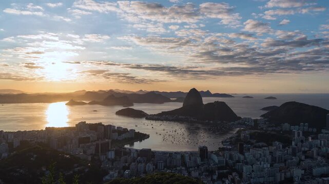 Rio de Janeiro, Brazil, timelapse view of sunrise over the Sugarloaf Mountain and Guanabara Bay.