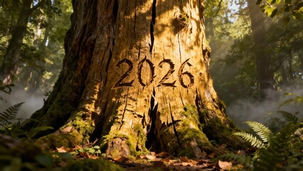 Year marking is deeply carved into the rough, sunlit bark of a massive tree in a lush forest setting