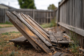 Fototapeta premium A wooden fence panel leans to one side, showing signs of rot. Strong wind has affected its position. Dry grass is visible in the area, and a wooden structure is seen in the background