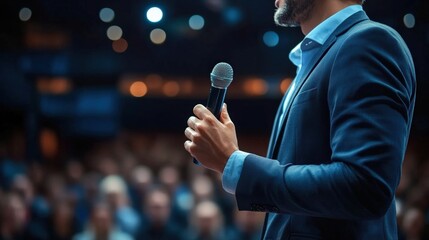 A speaker holds a microphone, addressing an engaged audience in a dimly lit venue, captured with a focus on the speaker's poised demeanor.