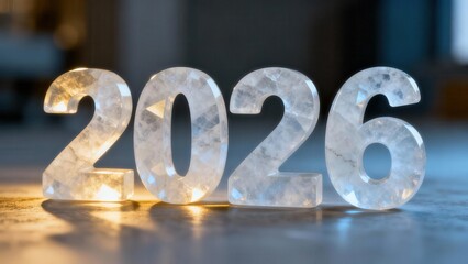 Luminescent crystal numbers prominently display the year two thousand twenty-six resting on a reflective surface.