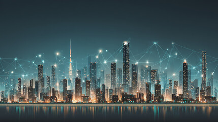 Obraz premium Smart digital Innovation city with connection network reciprocity over the city of future smart wireless digital city and social media networking systems that connects people with in city