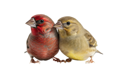 Pair of Male Red House Finch and Female Brown House Finch Standing Together isolated PNG with Transparent Background