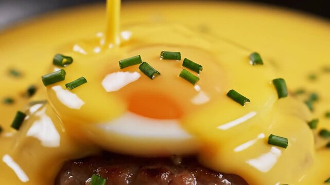 Rich yellow sauce pouring over poached egg on meat patty garnished with fresh green chives close up food preparation