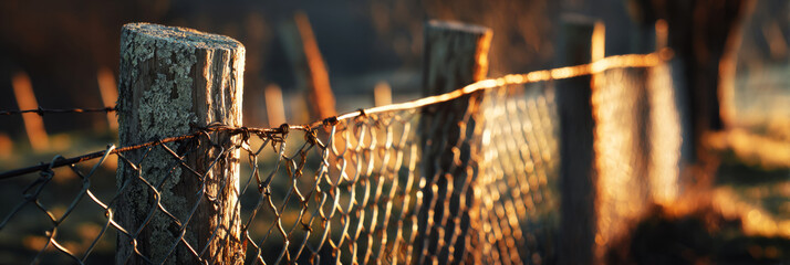 A close-up shows a rustic fence made of wooden posts and wire mesh. The sun casts warm light on the fence, highlighting its texture in a countryside setting during early morning, banner