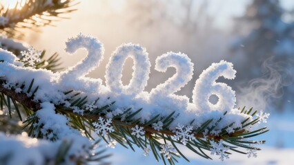 Numbers representing the year two thousand twenty six formed in sparkling frost atop a pine branch