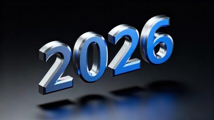 Three dimensional metallic numerals displaying the year twenty twenty six hover above a dark reflective surface
