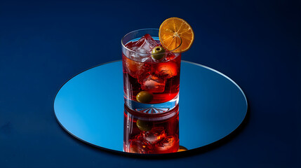 a glass of red drink on a blue surface