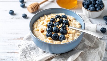 Breakfast oatmeal porridge with banana, blueberries, chia seeds on grey concrete background