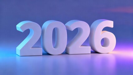 Three dimensional white digits displaying the year two thousand twenty six illuminate the foreground with cool tones