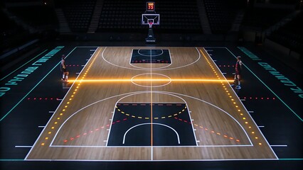 Dynamic basketball court with vibrant lights ready for a thrilling game night action
