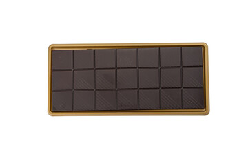 Dark chocolate bar with square segments in a gold tray, isolated on white. Minimal food still life for dessert, gourmet, and cocoa concepts.