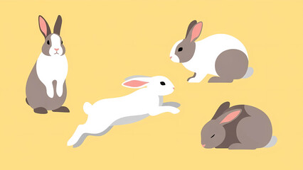 Collection of four stylized rabbits in various poses (sitting, running, resting) with brown, white, and gray fur against a soft yellow background.