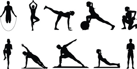 Silhouettes of People Practicing Yoga, Fitness, Cardio, Stretching, Strength Training, Wellness, Balance, Healthy Lifestyle, Meditation, and Exercise Poses