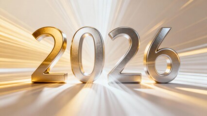 Three dimensional metallic numbers display the year two thousand twenty six against a bright radiating background