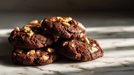 Fototapeta premium Delicious Homemade Chocolate Cookies with Nuts Piled on a Marble Countertop Bathed in Natural Light and Shadows