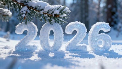 Sparkling snow numbers forming the year two thousand twenty-six rest on a wintry ground beneath frosted evergreen branches