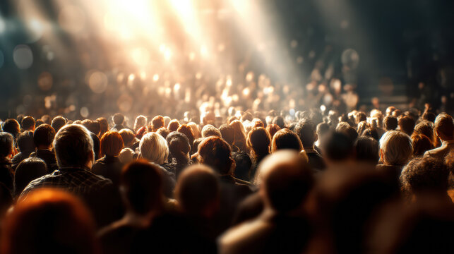A large crowd of people gathers in a dimly lit venue, illuminated by bright spotlights creating an atmospheric and exciting experience for the ence.