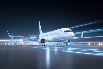 A futuristic illustration of an airplane about to take off on an airport runway at night.