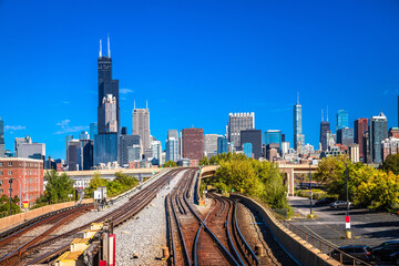 Chicago, USA. Chicago skyline and train yard scenic view