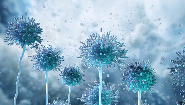 Mucormycosis mold in damp, humid environments. Mucor mold colonies, 3D scientific illustration. Toxic black mold contamination, aspergillus fungus allergen. Allergies, asthma disease health risk