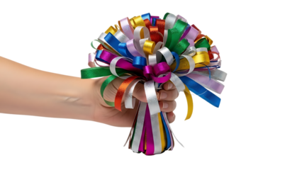 Hand Holding a Vibrant Bouquet of Shiny, Multi colored Metallic Gift Ribbons Against Black