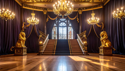 Luxurious Golden Royal Throne Room Interior for stage background theater