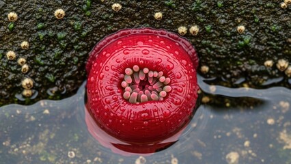 A red, round, spherical object with a textured surface, floating on a watery surface with a green, moss-like background.