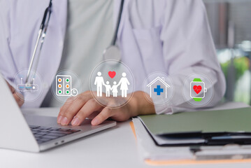 Doctor hand using laptop computer with family health insurance care. Medical wellness protection concept. Smart hospital service digital telemedicine online consultation life safety. Home Care Tech