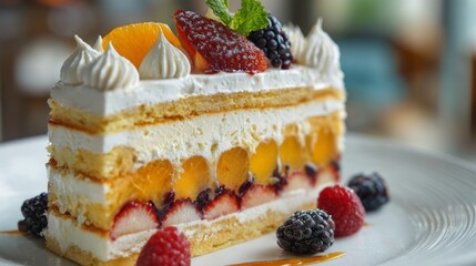 Delicious layered cake with fresh fruits, cream, and vibrant colors, ideal for dessert lovers and food photography enthusiasts at celebratory events