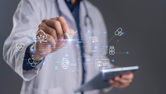 Doctor hand using stylus pen tablet drawing cloud medical network connection icon. Digital healthcare data system IoMT technology. Telemedicine service hospital management online diagnosis concept. - Powered by Adobe