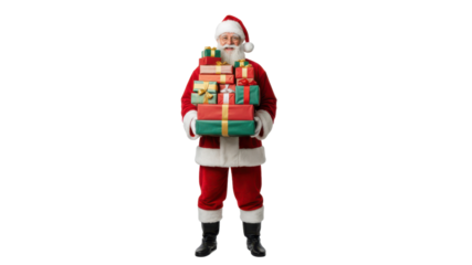 Santa Claus holding a large stack of colorful Christmas presents isolated on white background