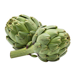 Obraz premium Two fresh green artichokes isolated on transparent background, showcasing their intricate leaf patterns and natural texture, perfect for healthy eating and culinary themes