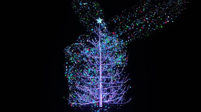 大量のきらめく青い粒子が作るクリスマスツリーのアニメーション、背景透過、４K：Animated Christmas tree made of tons of sparkling blue particles, transparent background, 4K