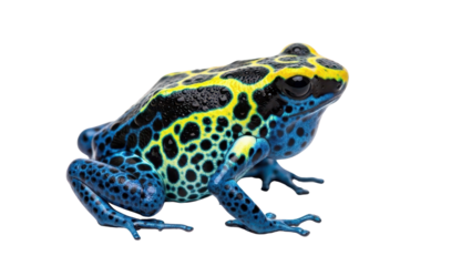 Brightly Colored Blue and Yellow Poison Dart Frog with Black Spots isolated PNG with Transparent Background