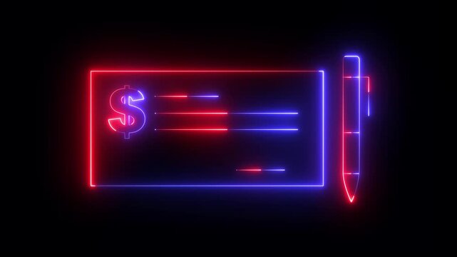 neon Bank check and pen icon isolated on black background. Checkbook icon cheque page with empty fields. Bank check icon animation financial transaction concept. 