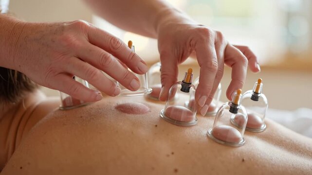a therapist carefully removes two suction cups from the patient&rsquo;s back during a cupping therapy session in a calm wellness room
