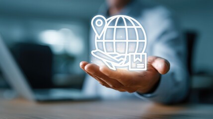 Business hand holding glowing global icon with map pin, airplane, and package—representing international logistics, global trade, travel, and shipping in professional office workspace.