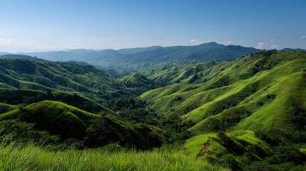 A stunning panoramic view captures the rolling green hills and lush valleys under a bright blue sky creating a serene and picturesque natural landscape scene.