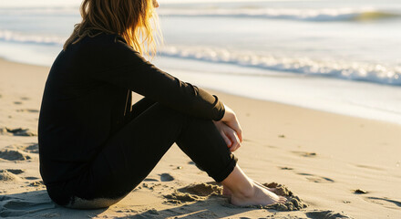 Serene Solitude by the Shore: A pensive individual sits on a sun-kissed beach, the rhythmic caress of the waves offering a sanctuary for introspection.