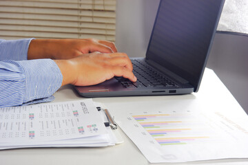 Businessman typing on laptop, working on laptop, man typing email on laptop, writing blog. Social...