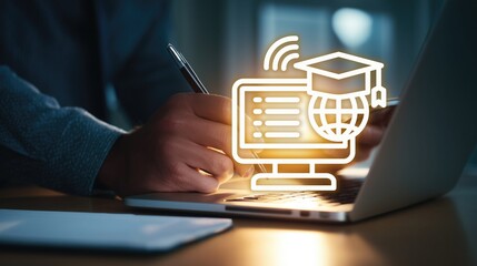 Hand writing with pen over laptop showing glowing e-learning icon: monitor, diploma, globe, and Wi-Fi—representing online education, distance learning, global coursework, and digital academic programs