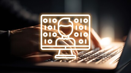 Business hand typing on laptop with glowing monitor icon of user profile and binary code—representing digital identity, data management, user authentication, and tech-driven business operations in mod