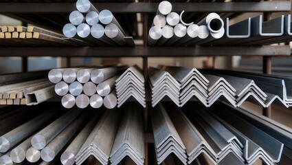 Naklejka premium Shelving unit filled with organized metal profiles and rods, including round bars, square and rectangular tubes, angles, and channels, illustrating construction materials and industrial storage