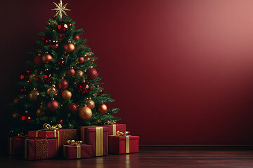 Christmas tree decorating festive holiday season background with ornaments, glowing lights, and wrapped gifts, symbolizing traditions, celebration, and joy