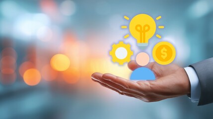 Business hand holding glowing icons: lightbulb, gear, dollar coin, and user profile&mdash;representing business innovation, operational efficiency, financial growth, and human resource strategy in professio