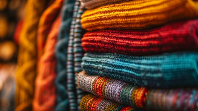 A photo of stacked woolen socks in vibrant