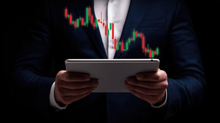 Business professional holding tablet with glowing candlestick chart—representing stock market analysis, financial trading, market trend tracking, and investment monitoring in corporate workspace.