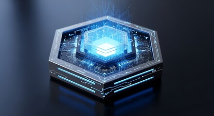 Futuristic digital hexagon with glowing blue light.